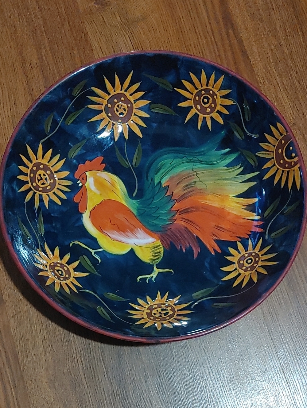 Large Hand-Painted Rooster Decorative Bowl in Navy and Multicolor